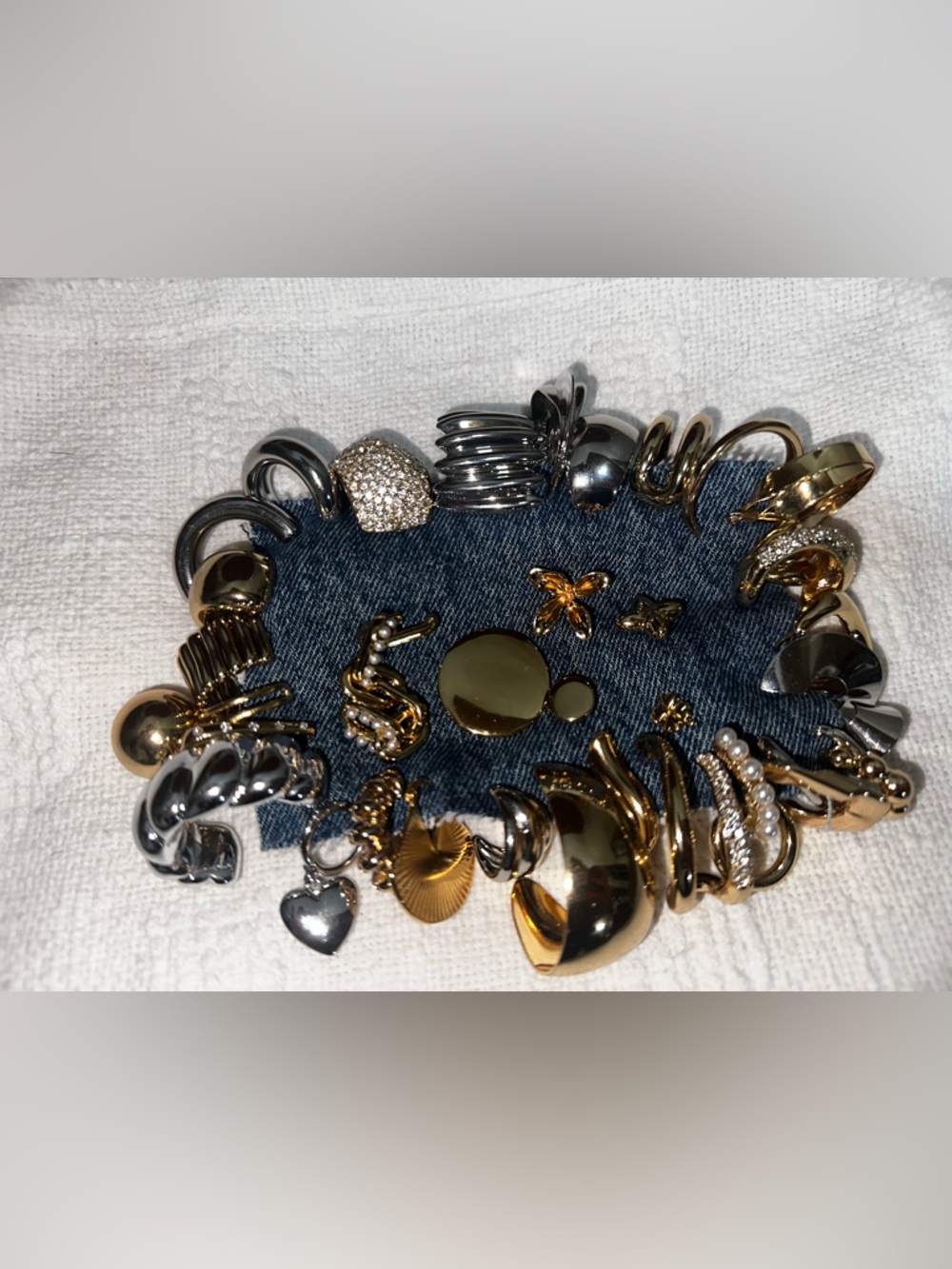 NWOT 36Single Earrings Nordstrom Rack On Repurposed Denim-Gold/Silver/FauxPearl